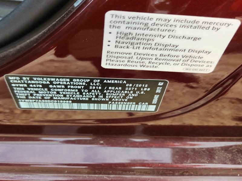 Продажа на аукционе авто 2013 Volkswagen Passat, vin: 1VWBP7A30DC018988, номер лота: 65329706