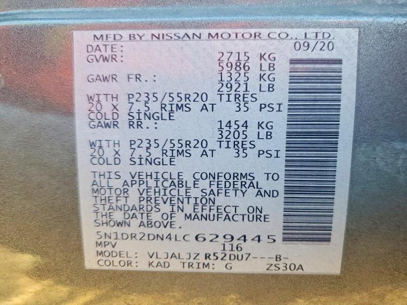 Продаж на аукціоні авто 2020 Nissan Pathfinder, vin: 5N1DR2DN4LC629445, номер лоту: 64435936