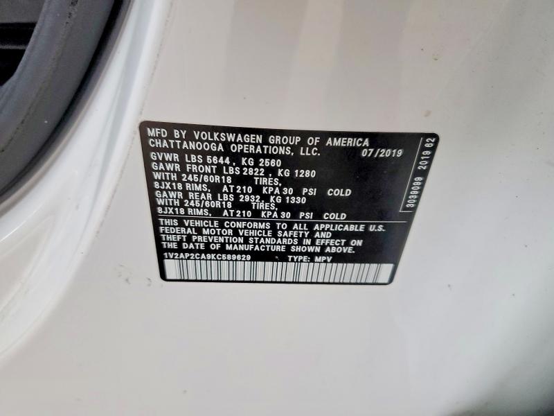 67034176 :رقم المزاد ، 1V2AP2CA9KC589629 vin ، 2019 Volkswagen Atlas مزاد بيع