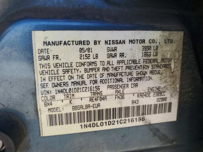 2001 Nissan Altima მანქანა იყიდება აუქციონზე, vin: 1N4DL01D21C216156, აუქციონის ნომერი: 67403426