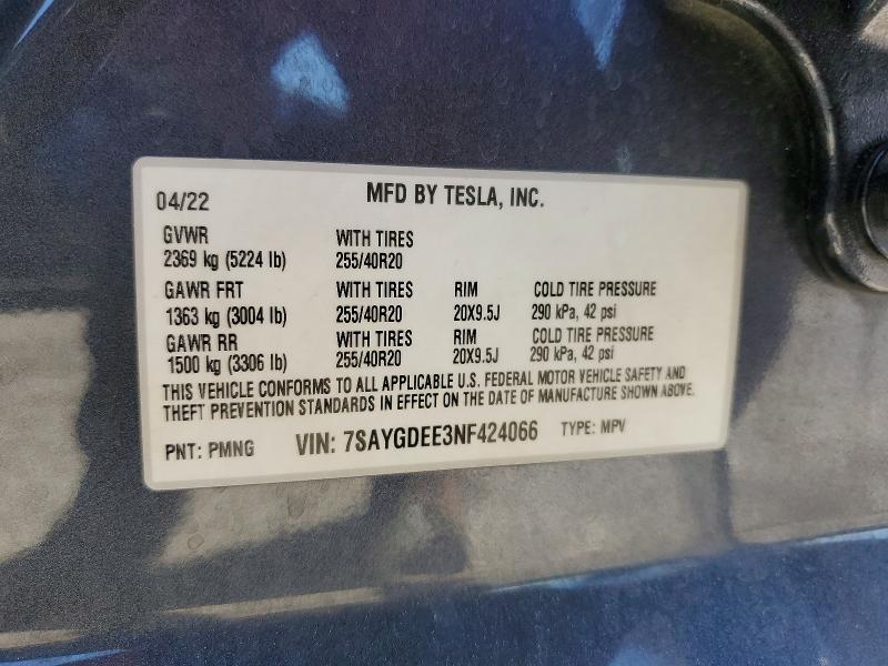 Aukcja sprzedaży 2022 Tesla Model Y, vin: 7SAYGDEE3NF424066, numer aukcji: 65400636