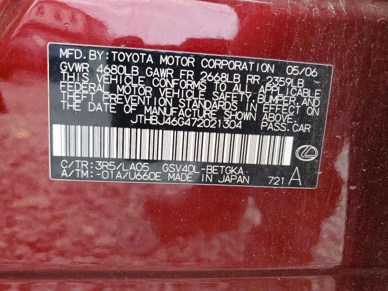 Aukcja sprzedaży 2007 Lexus Es, vin: JTHBJ46G472021304, numer aukcji: 66041356