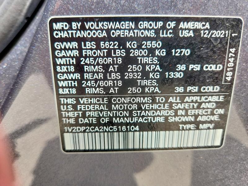 63202996 :رقم المزاد ، 1V2DP2CA2NC516104 vin ، 2022 Volkswagen Atlas مزاد بيع