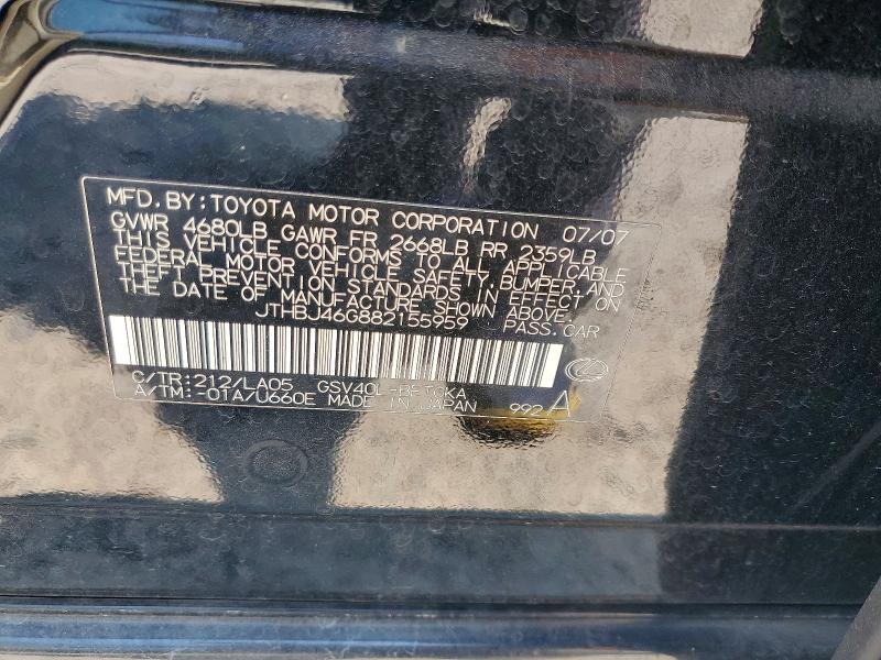 Aukcja sprzedaży 2008 Lexus Es, vin: JTHBJ46G882155959, numer aukcji: 65133386