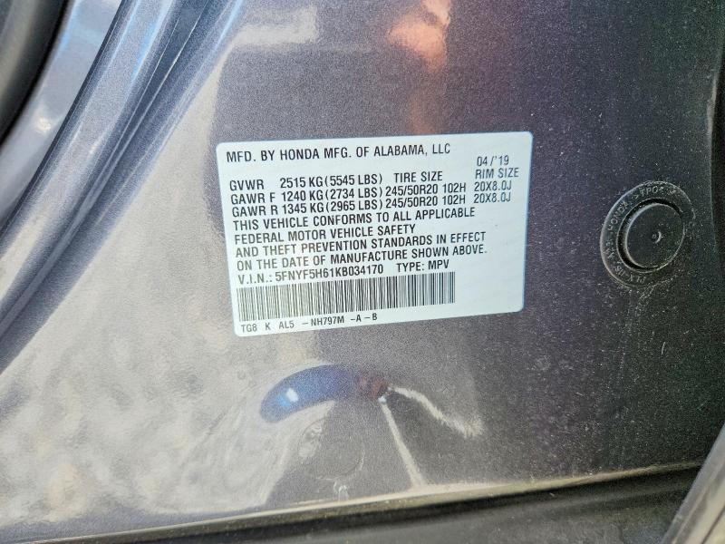 2019 Honda Pilot მანქანა იყიდება აუქციონზე, vin: 5FNYF5H61KB034170, აუქციონის ნომერი: 66494006