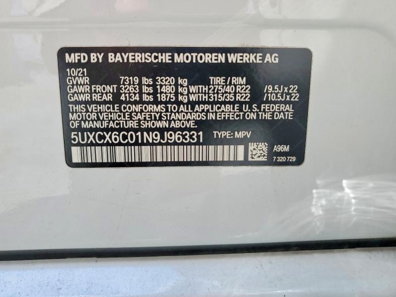 64117056 :رقم المزاد ، 5UXCX6C01N9J96331 vin ، 2022 Bmw X7 مزاد بيع