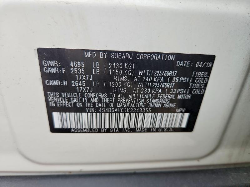63166426 :رقم المزاد ، 4S4BSAHC1K3343355 vin ، 2019 Subaru Outback مزاد بيع