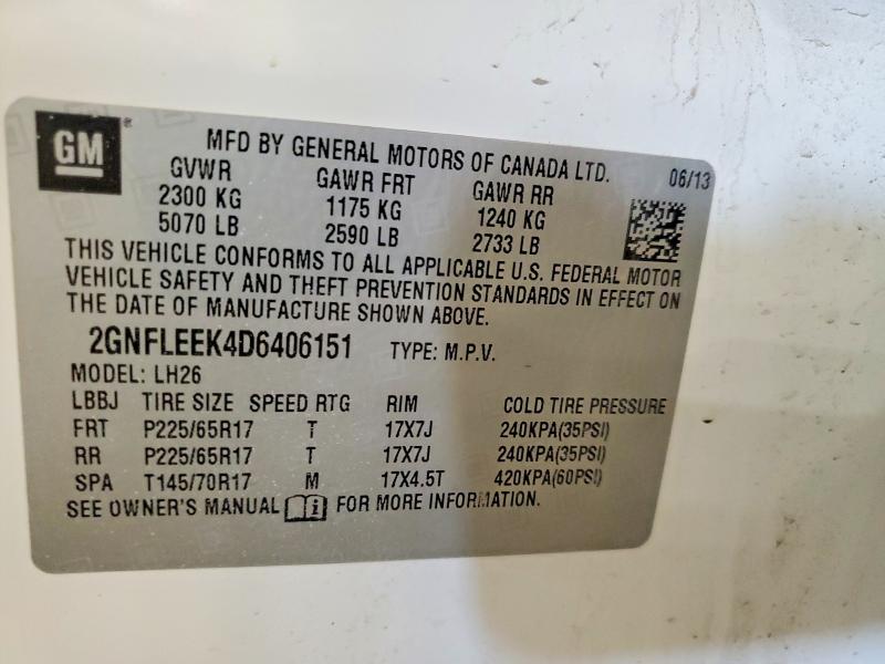 63953806 :رقم المزاد ، 2GNFLEEK4D6406151 vin ، 2013 Chevrolet Equinox مزاد بيع
