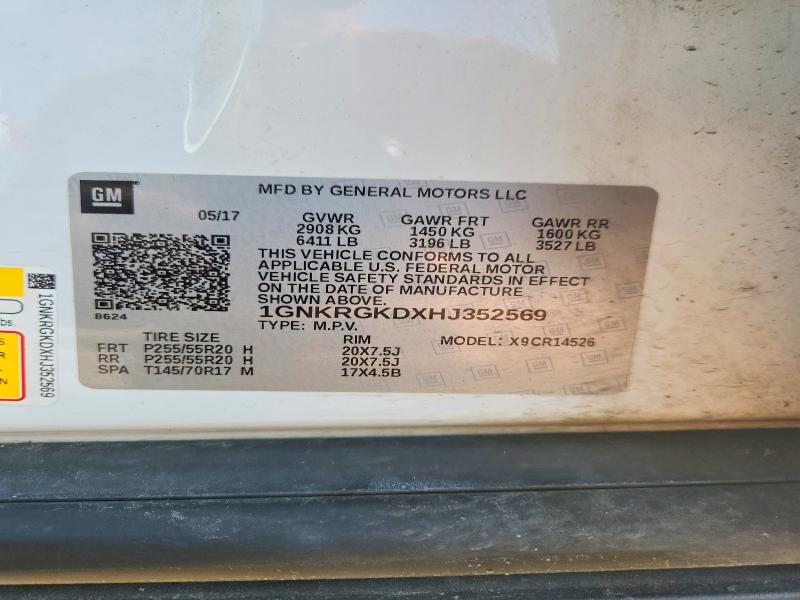 Продаж на аукціоні авто 2017 Chevrolet Traverse, vin: 1GNKRGKDXHJ352569, номер лоту: 65444306