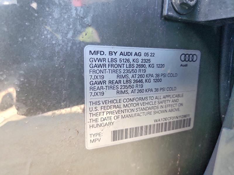 Aukcja sprzedaży 2022 Audi Q3, vin: WA1DECF31N1129611, numer aukcji: 62923826