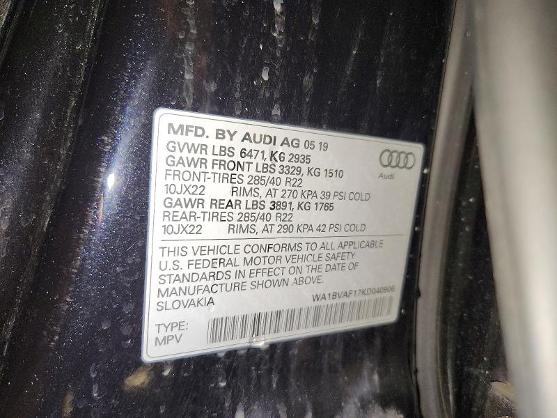2019 Audi Q8 მანქანა იყიდება აუქციონზე, vin: WA1BVAF17KD040906, აუქციონის ნომერი: 64423146