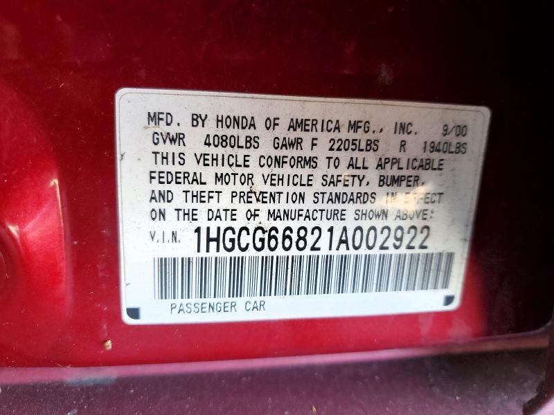 Продажа на аукционе авто 2001 Honda Accord, vin: 1HGCG66821A002922, номер лота: 63745256