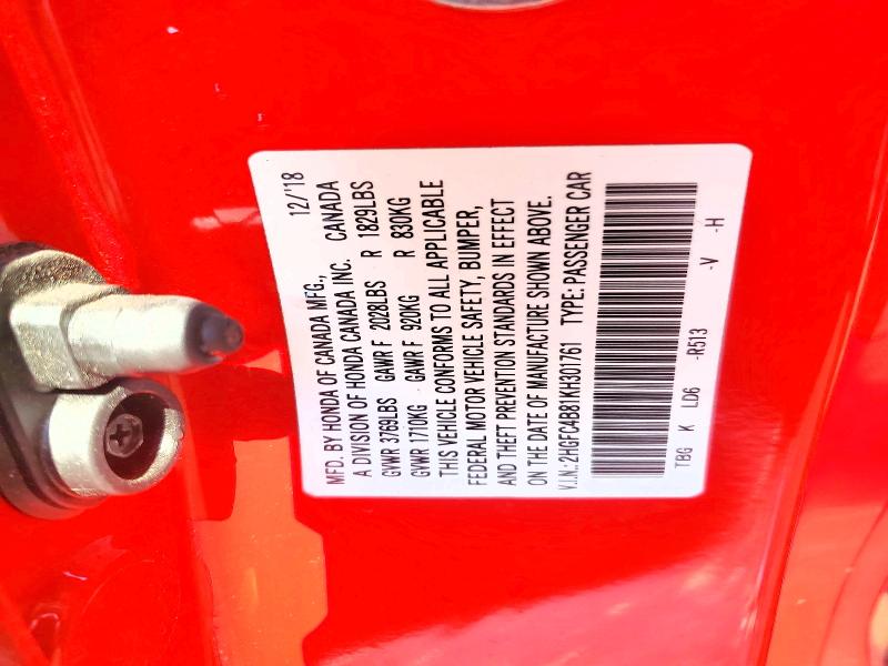 Aukcja sprzedaży 2019 Honda Civic, vin: 2HGFC4B81KH301761, numer aukcji: 64965616