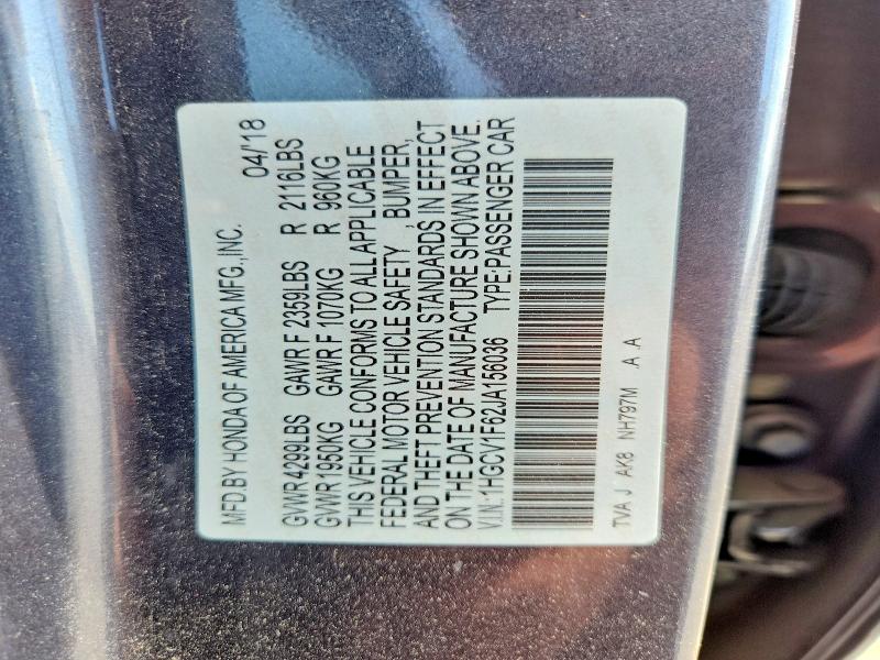 Aukcja sprzedaży 2018 Honda Accord, vin: 1HGCV1F62JA156036, numer aukcji: 65228486