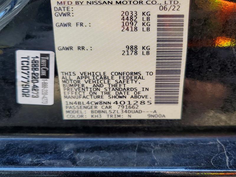 66467206 :رقم المزاد ، 1N4BL4CW8NN401285 vin ، 2022 Nissan Altima مزاد بيع