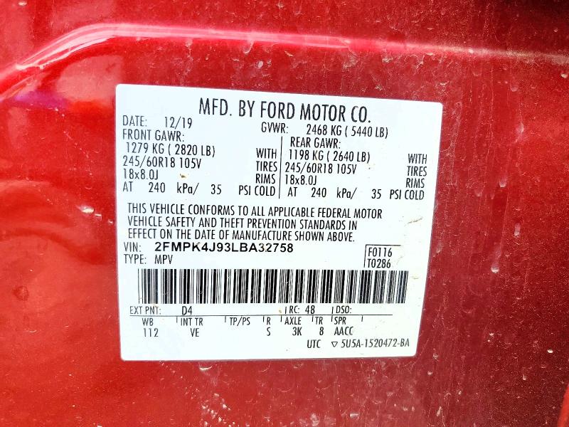 Aukcja sprzedaży 2020 Ford Edge, vin: 2FMPK4J93LBA32758, numer aukcji: 64407756