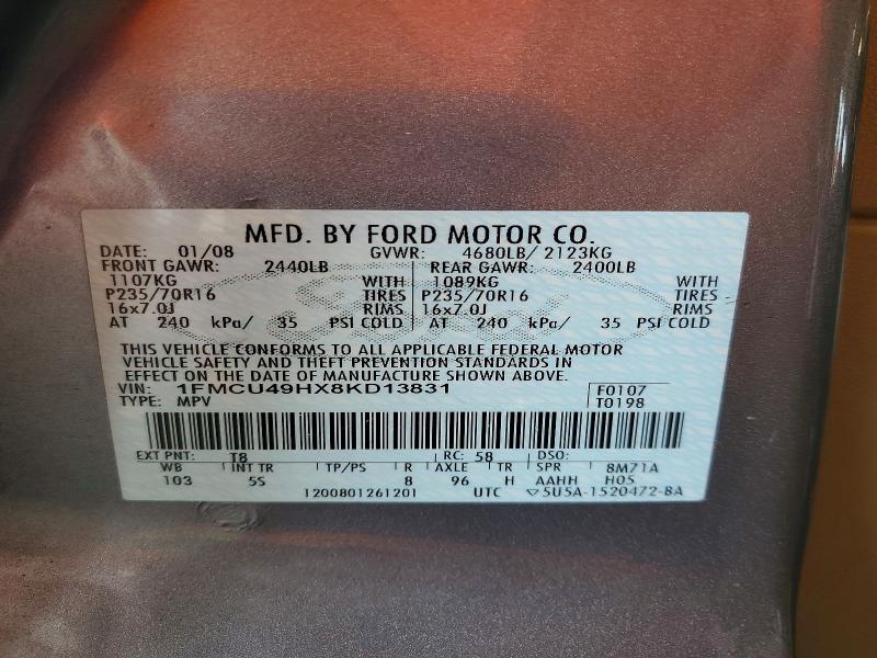 2008 Ford Escape მანქანა იყიდება აუქციონზე, vin: 1FMCU49HX8KD13831, აუქციონის ნომერი: 63902056