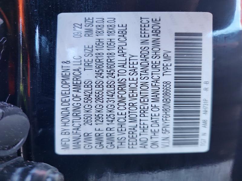 63366826 :رقم المزاد ، 5FNYF6H80NB086658 vin ، 2022 Honda Poilot مزاد بيع