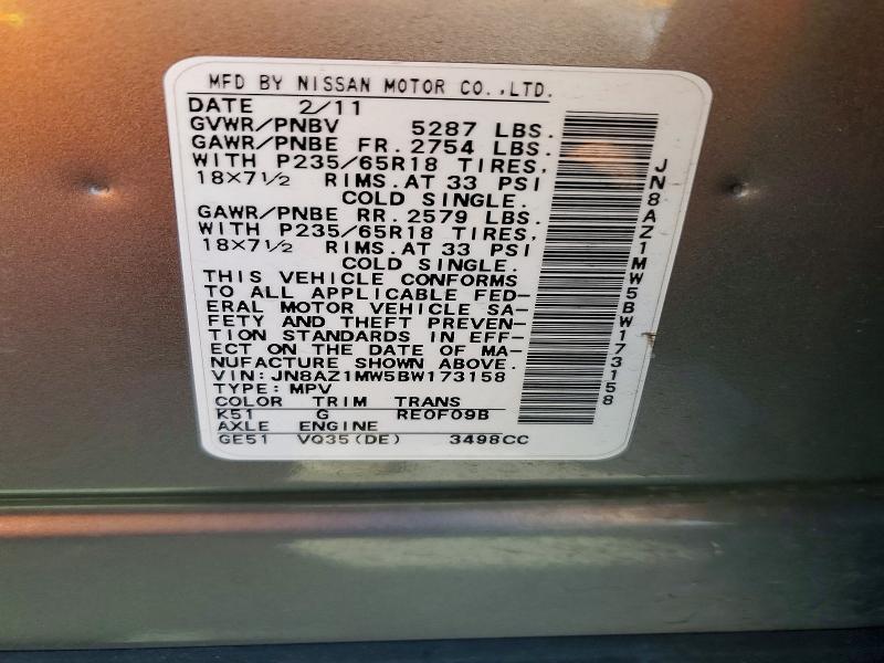 65157876 :رقم المزاد ، JN8AZ1MW5BW173158 vin ، 2011 Nissan Murano مزاد بيع