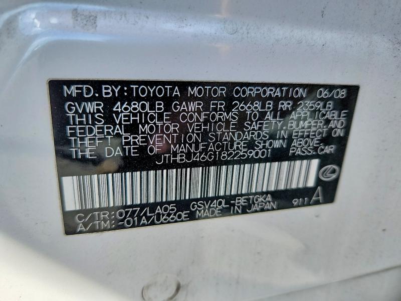 66398146 :رقم المزاد ، JTHBJ46G182259001 vin ، 2008 Lexus Es مزاد بيع
