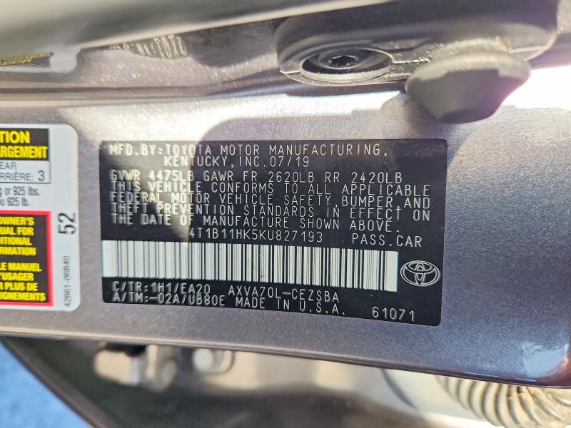 Aukcja sprzedaży 2019 Toyota Camry, vin: 4T1B11HK5KU827193, numer aukcji: 65724486