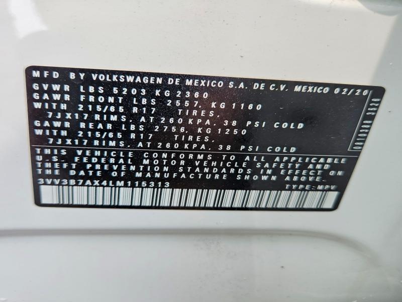 Aukcja sprzedaży 2020 Volkswagen Tiguan, vin: 3VV3B7AX4LM115313, numer aukcji: 64201876
