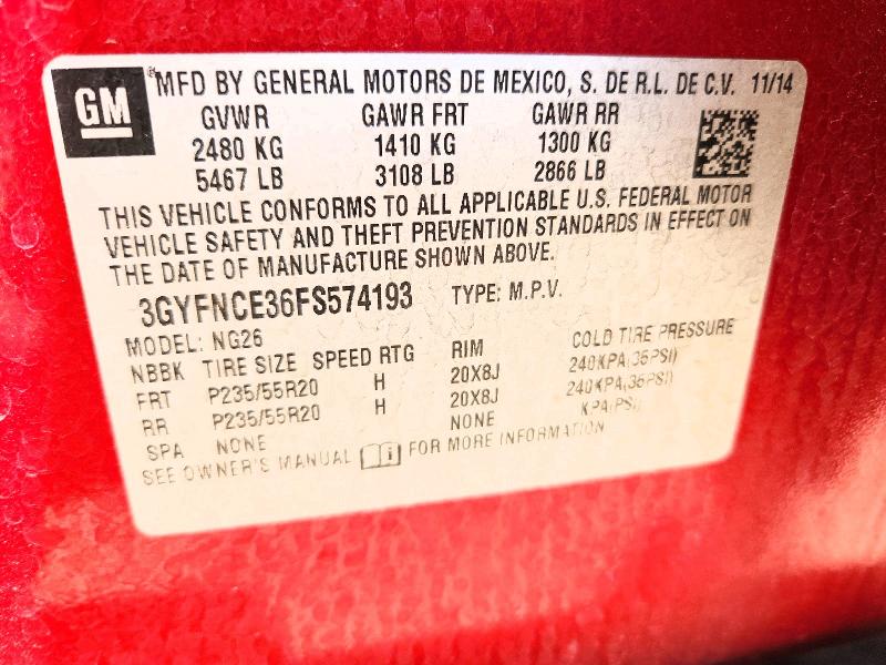 2015 Cadillac Srx მანქანა იყიდება აუქციონზე, vin: 3GYFNCE36FS574193, აუქციონის ნომერი: 64674176