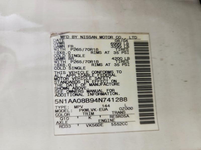 2004 Nissan Armada მანქანა იყიდება აუქციონზე, vin: 5N1AA08B94N741288, აუქციონის ნომერი: 64662926