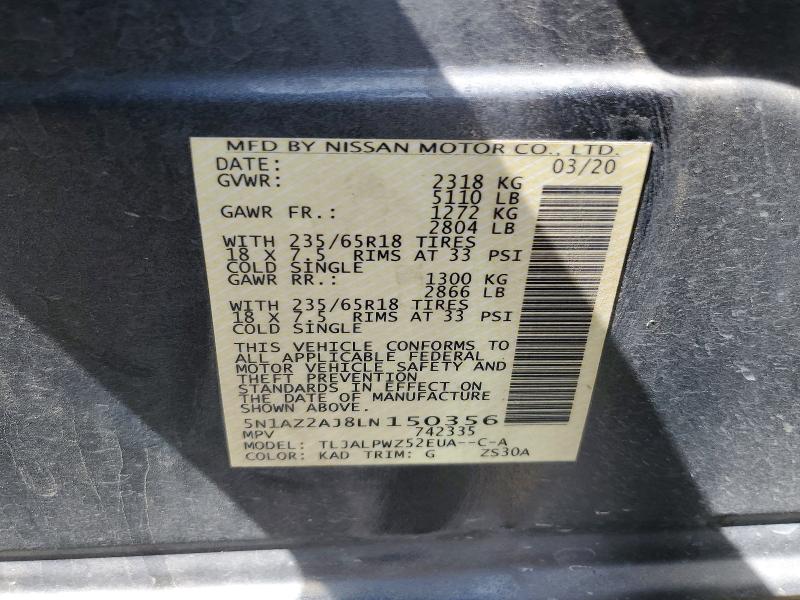 Aukcja sprzedaży 2020 Nissan Murano, vin: 5N1AZ2AJ8LN150356, numer aukcji: 64085056