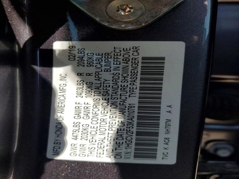 64854176 :رقم المزاد ، 1HGCV2F53KA010761 vin ، 2019 Honda Accord مزاد بيع