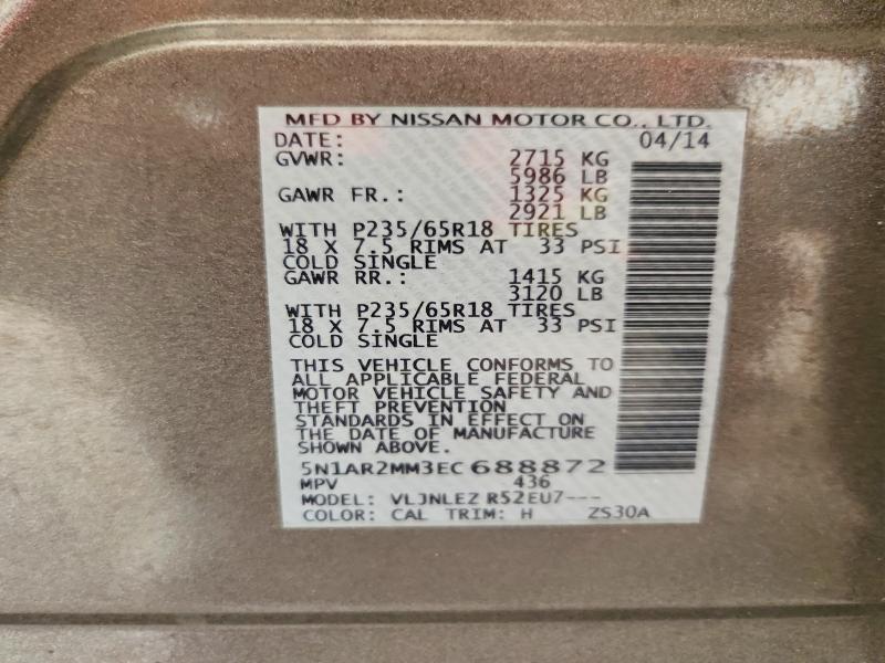 Aukcja sprzedaży 2014 Nissan Pathfinder, vin: 5N1AR2MM3EC688872, numer aukcji: 62920006