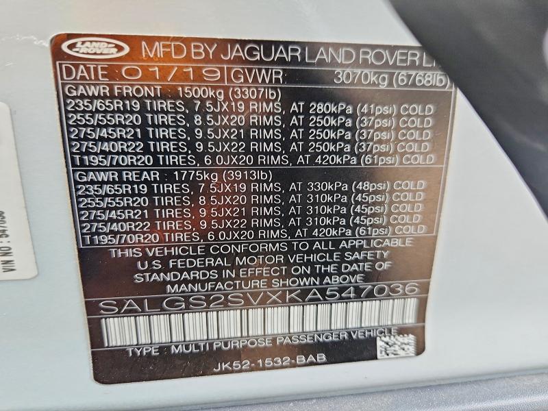 2019 Land Rover Range Rover მანქანა იყიდება აუქციონზე, vin: SALGS2SVXKA547036, აუქციონის ნომერი: 66842786