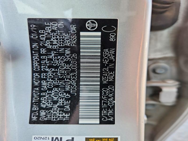 63759956 :رقم المزاد ، JTDS4RCE3LJ003126 vin ، 2020 Toyota Corolla مزاد بيع