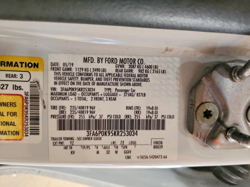 Auction sale of the 2019 Ford Fusion, vin: 3FA6P0K95KR253034, lot number: 63810376