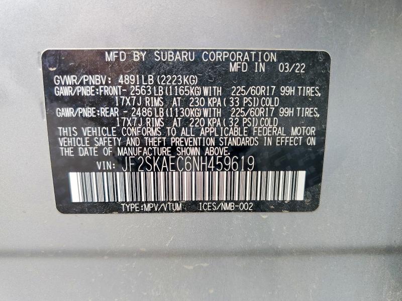 Auction sale of the 2022 Subaru Forester, vin: JF2SKAEC6NH459619, lot number: 65797686