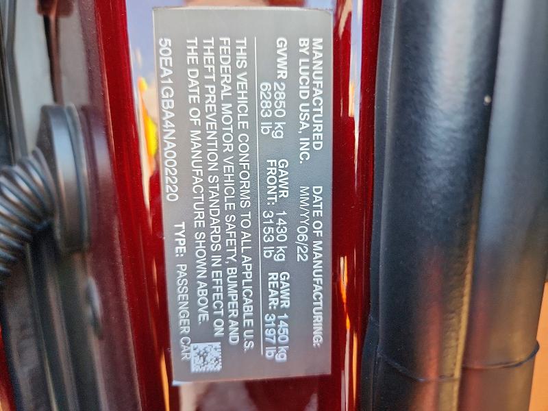 Aukcja sprzedaży 2022 Lucid Motors Air, vin: 50EA1GBA4NA002220, numer aukcji: 63569986