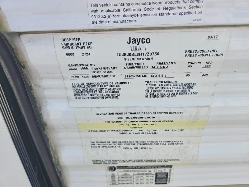 Auction sale of the 2017 Jayco Jay Recreational Vehicle (rv), vin: 1UJBJ0BL8H17Z0750, lot number: 65544576