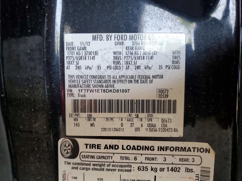 2013 Ford F150 მანქანა იყიდება აუქციონზე, vin: 1FTFW1ET8DKD81897, აუქციონის ნომერი: 64432876