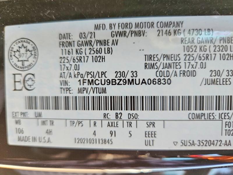 Продажа на аукционе авто 2021 Ford Escape, vin: 1FMCU9BZ9MUA06830, номер лота: 63743506