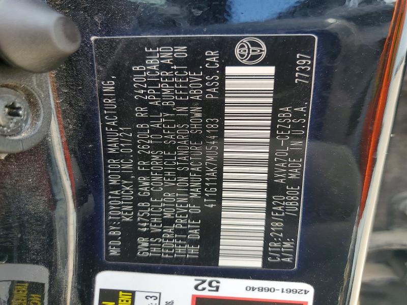 2021 Toyota Camry მანქანა იყიდება აუქციონზე, vin: 4T1G11AK7MU544183, აუქციონის ნომერი: 64465856