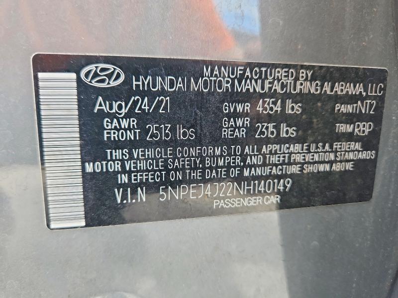66430536 :رقم المزاد ، 5NPEJ4J22NH140149 vin ، 2022 Hyundai Sonata مزاد بيع