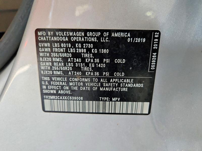 63910036 :رقم المزاد ، 1V2MR2CAXKC539006 vin ، 2019 Volkswagen Atlas مزاد بيع