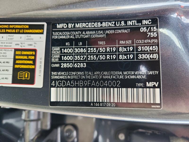 66915896 :رقم المزاد ، 4JGDA5HB9FA604002 vin ، 2015 Mercedes-benz Ml مزاد بيع