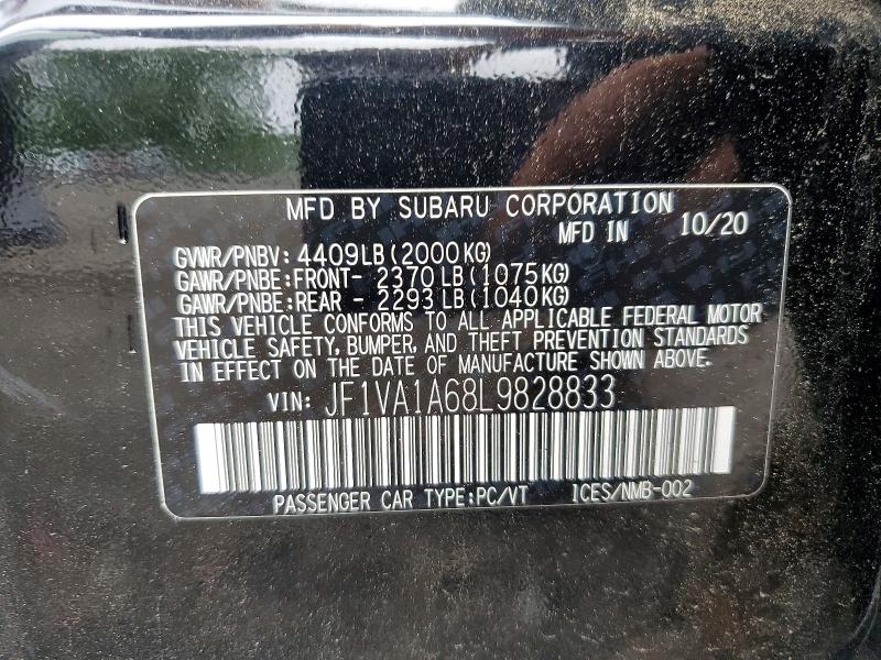 Продаж на аукціоні авто 2020 Subaru Wrx, vin: JF1VA1A68L9828833, номер лоту: 65144696