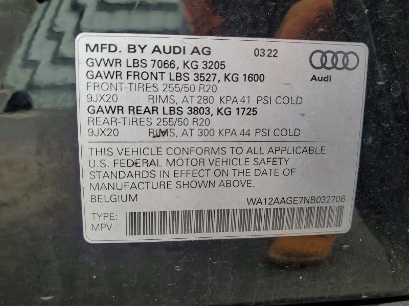 61680126 :رقم المزاد ، WA12AAGE7NB032706 vin ، 2022 Audi E-tron مزاد بيع