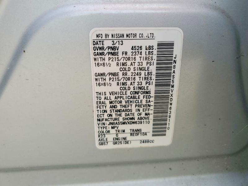 66343366 :رقم المزاد ، JN8AS5MVXDW639110 vin ، 2013 Nissan Rogue مزاد بيع