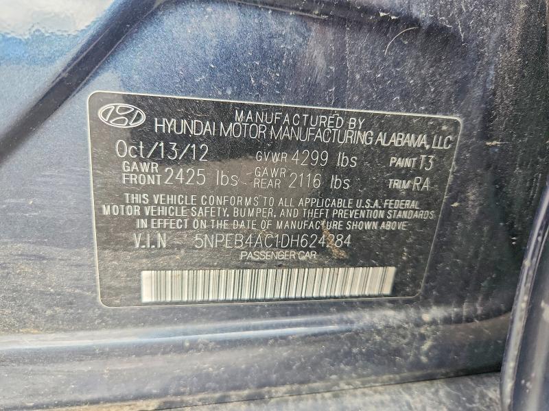 2013 Hyundai Sonata მანქანა იყიდება აუქციონზე, vin: 5NPEB4AC1DH624284, აუქციონის ნომერი: 63845266