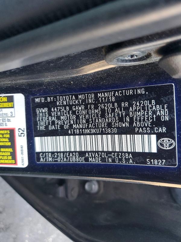 2019 Toyota Camry მანქანა იყიდება აუქციონზე, vin: 4T1B11HK9KU713830, აუქციონის ნომერი: 65287496