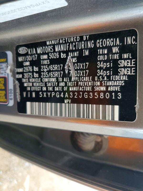 2018 Kia Sorento მანქანა იყიდება აუქციონზე, vin: 5XYPG4A32JG358013, აუქციონის ნომერი: 63576586