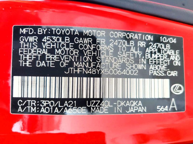 65653826 :رقم المزاد ، JTHFN48YX50064002 vin ، 2005 Lexus Sc مزاد بيع